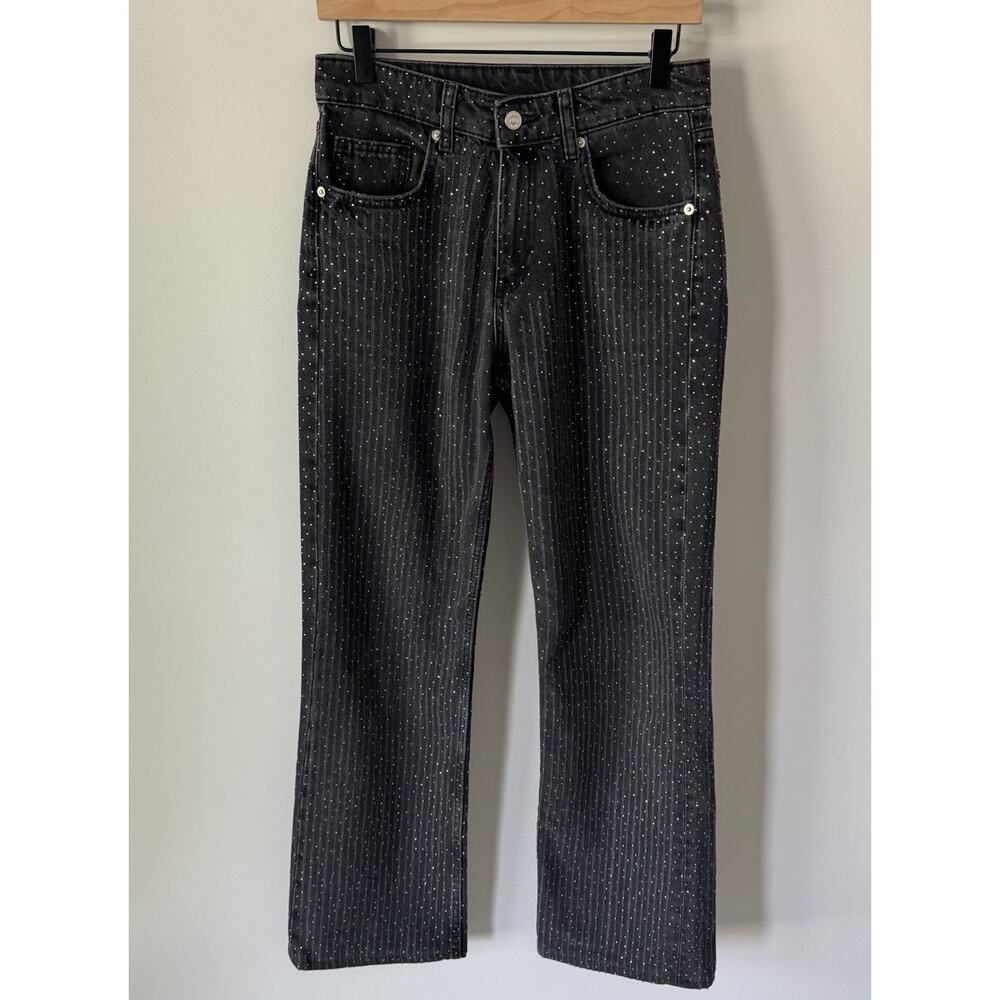 Zara Rhinestone Embellished Black Denim Jeans Size 4 Sparkly Wide Leg Glam EUC - Picture 2 of 9